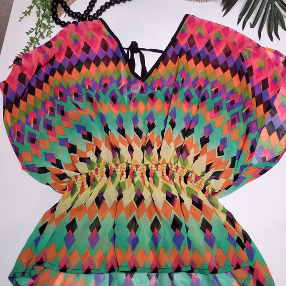Forever 21 I Harlequin Diamond Chiffon Sheer Multi Colored Batwing Blous… - Picture 1 of 11
